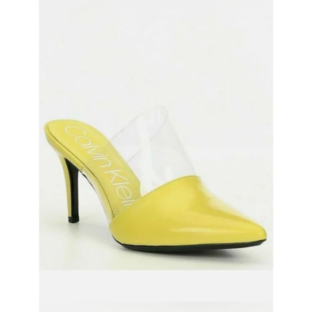 Calvin Klein GRAYCIE Yellow Leather Translucent Panel Pointed Toe Mule Heel Shoe